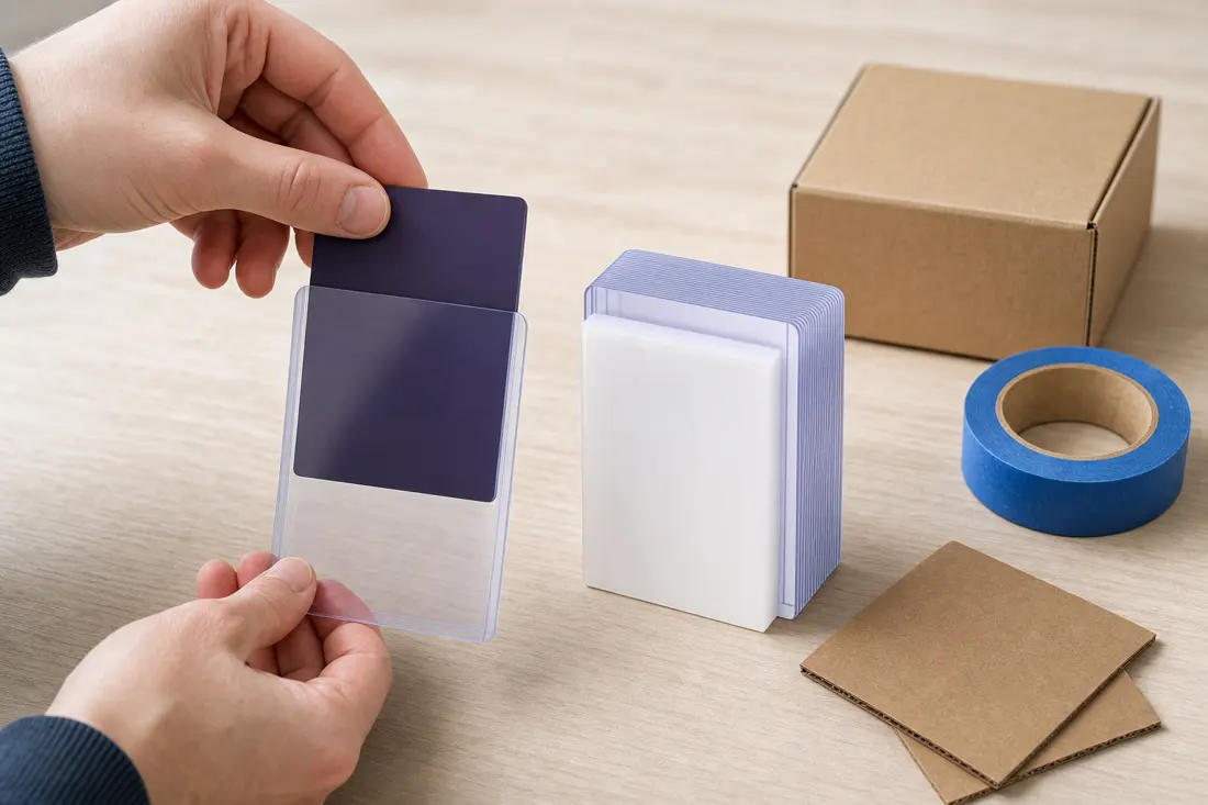 A sleeved trading card being inserted into a rigid toploader next to a shipping box